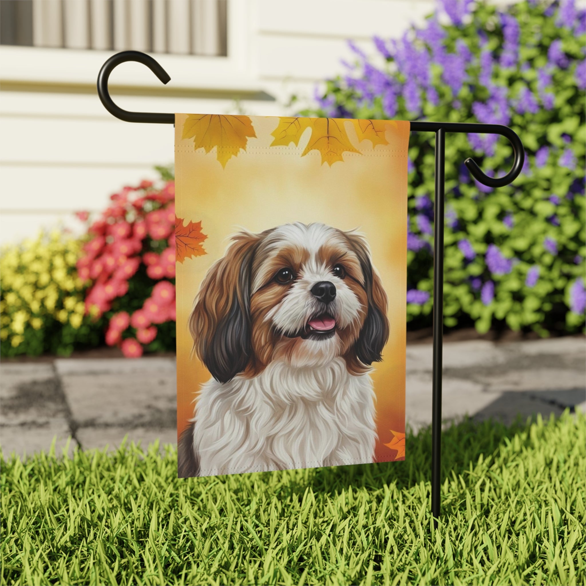Fall Colors Shih Tzu Garden Flag - outdoor display - Dragonfire Gardens