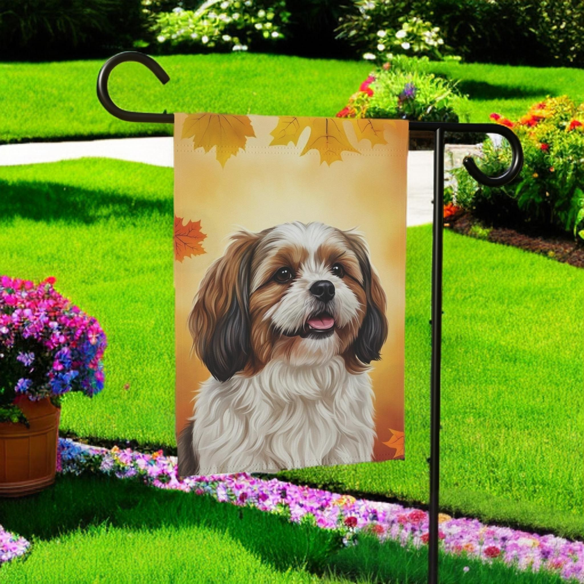 Fall Colors Shih Tzu Garden Flag - lifestyle display - Dragonfire Gardens