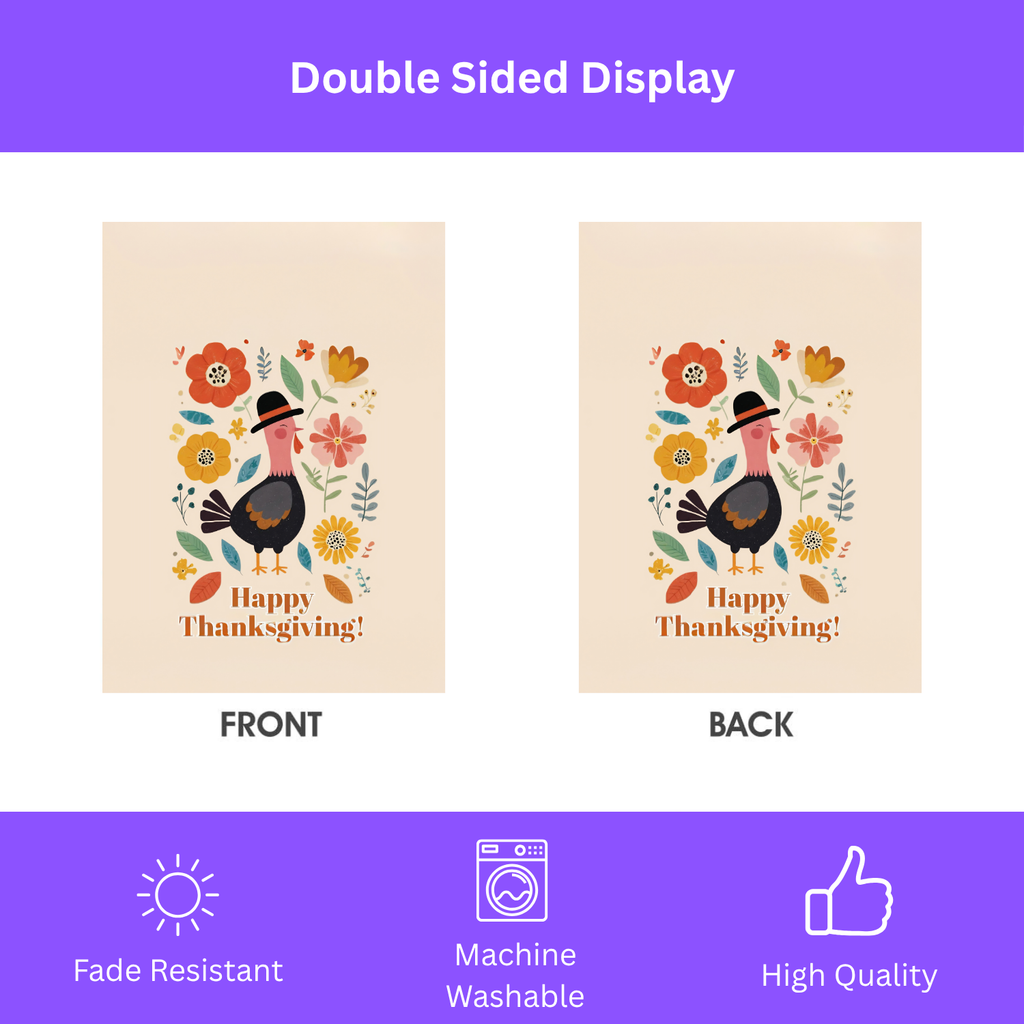 Happy Thanksgiving Black Pilgrim Hat Turkey Garden Flag - double-sided design - Dragonfire Gardens