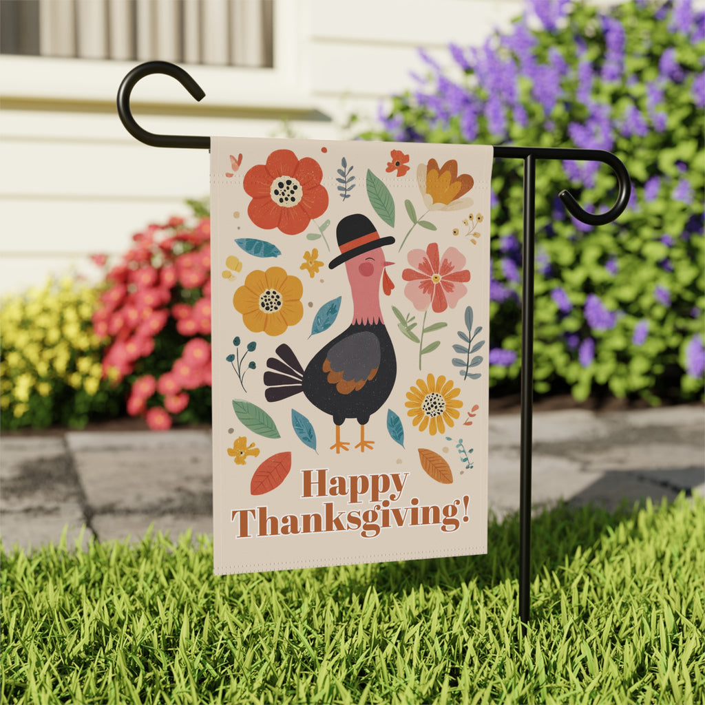 Happy Thanksgiving Black Pilgrim Hat Turkey Garden Flag - outdoor display - Dragonfire Gardens