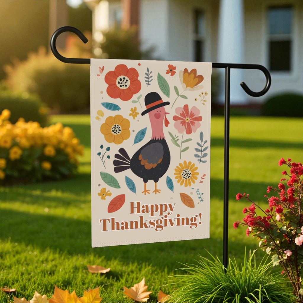 Happy Thanksgiving Black Pilgrim Hat Turkey Garden Flag - front view - Dragonfire Gardens