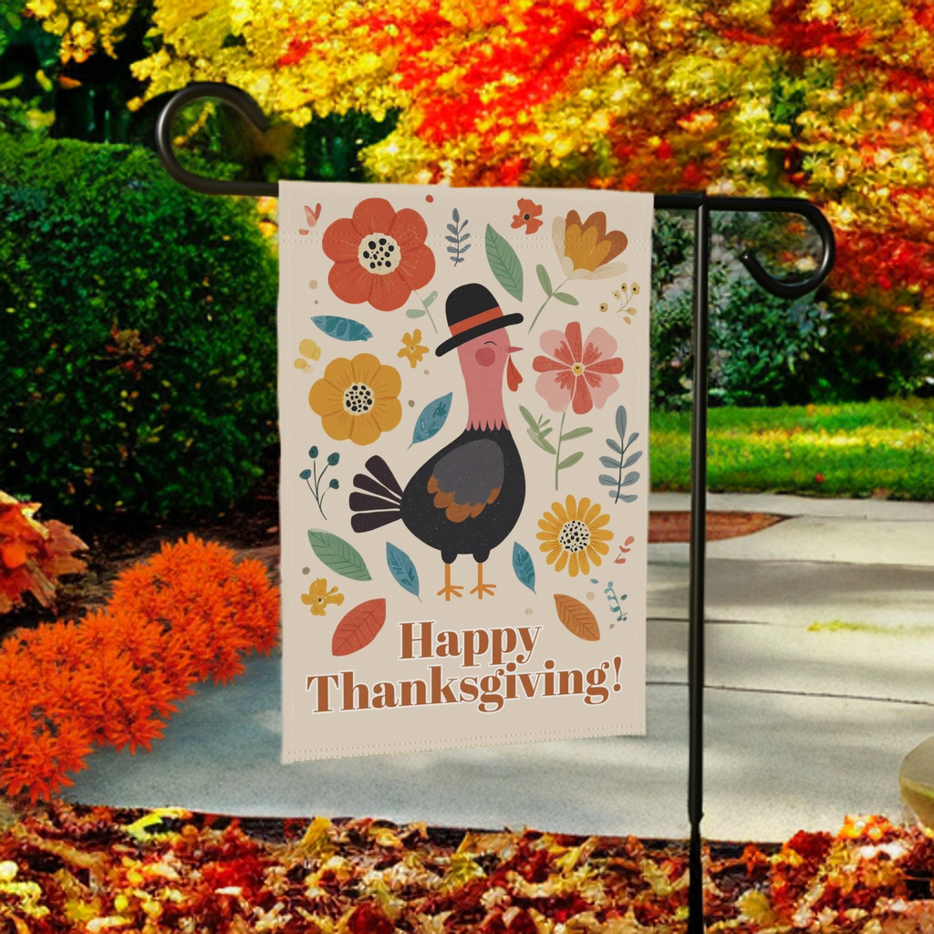 Happy Thanksgiving Black Pilgrim Hat Turkey Garden Flag - size comparison - Dragonfire Gardens