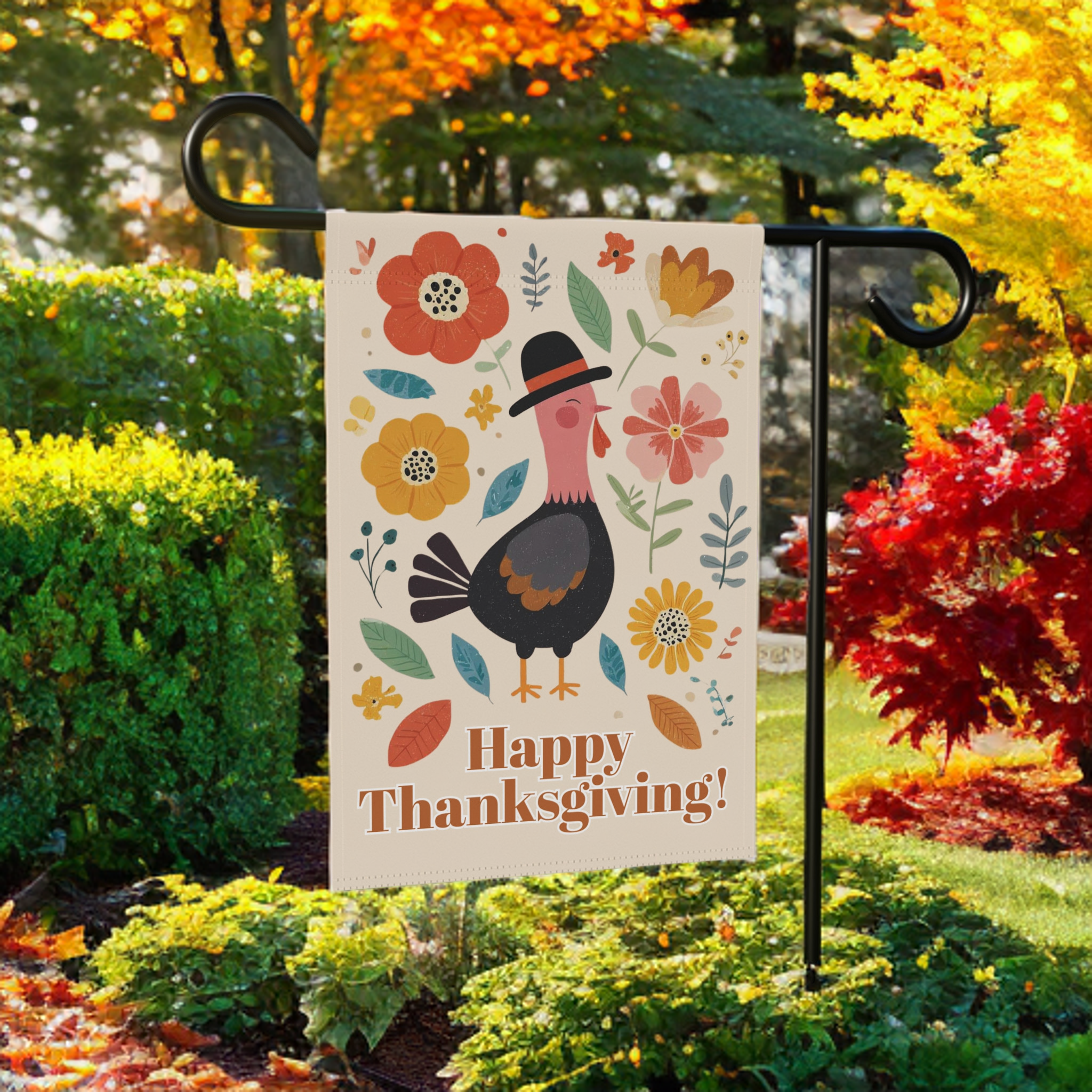 Happy Thanksgiving Black Pilgrim Hat Turkey Garden Flag - lifestyle display - Dragonfire Gardens