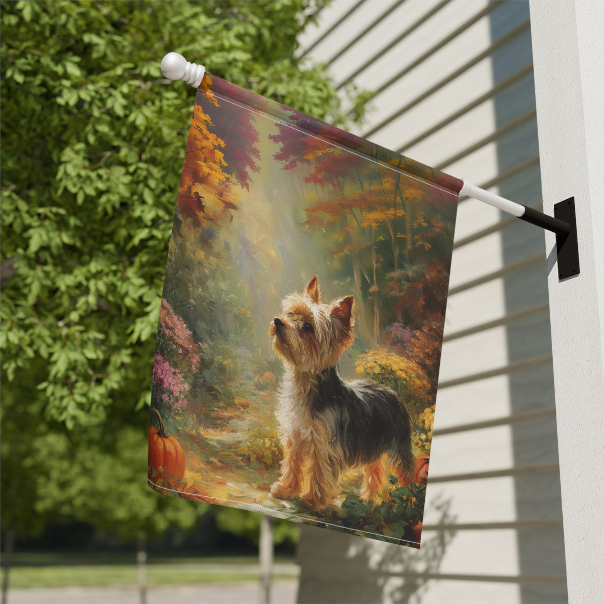 Pumpkin and Yorkshire Terrier Garden Flag - close-up detail - Dragonfire Gardens