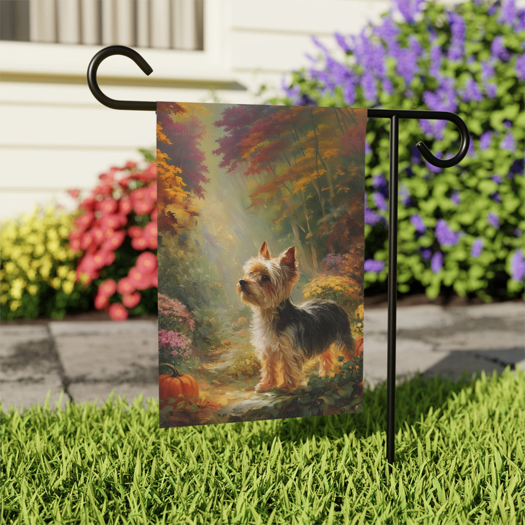 Pumpkin and Yorkshire Terrier Garden Flag - outdoor display - Dragonfire Gardens