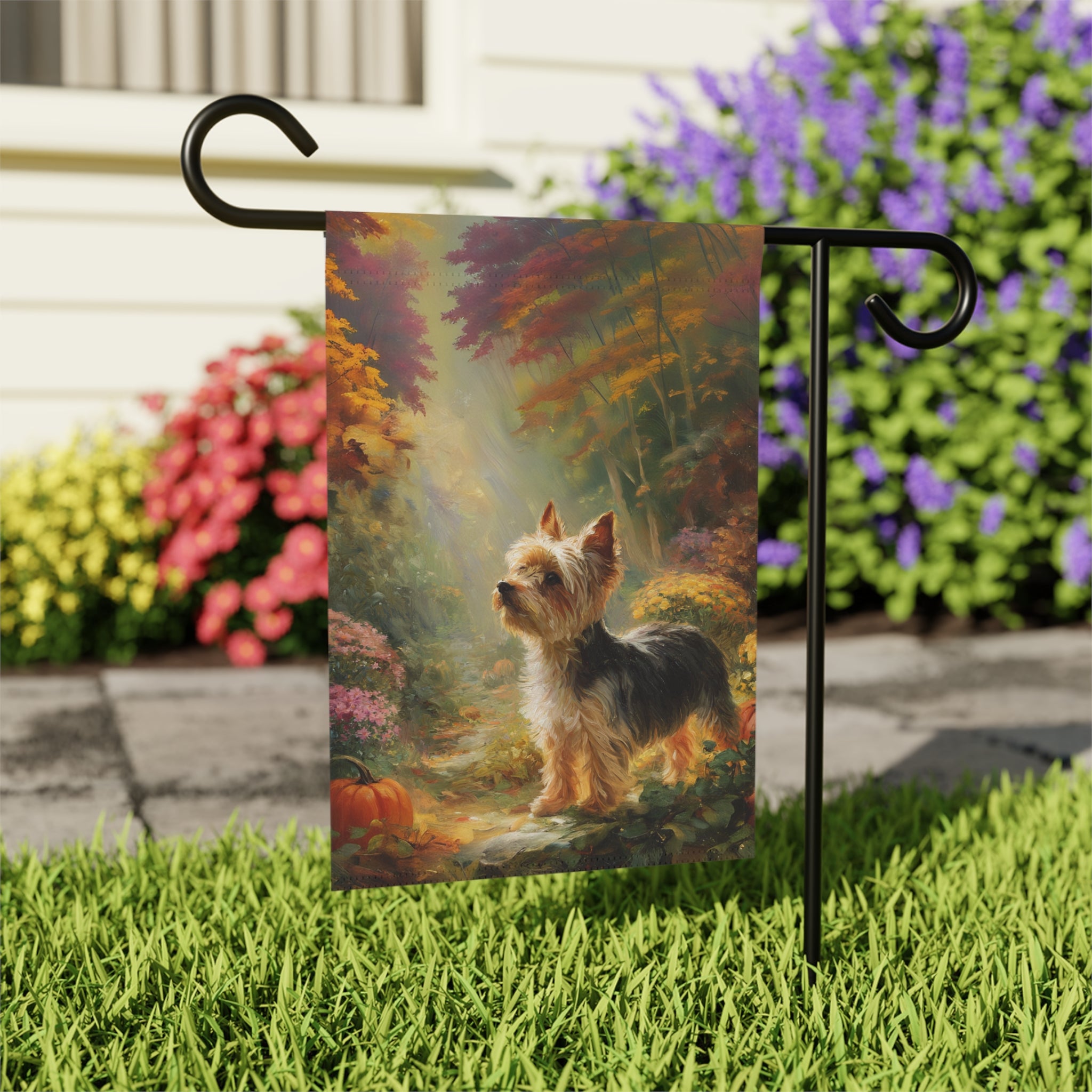 Pumpkin and Yorkshire Terrier Garden Flag - outdoor display - Dragonfire Gardens
