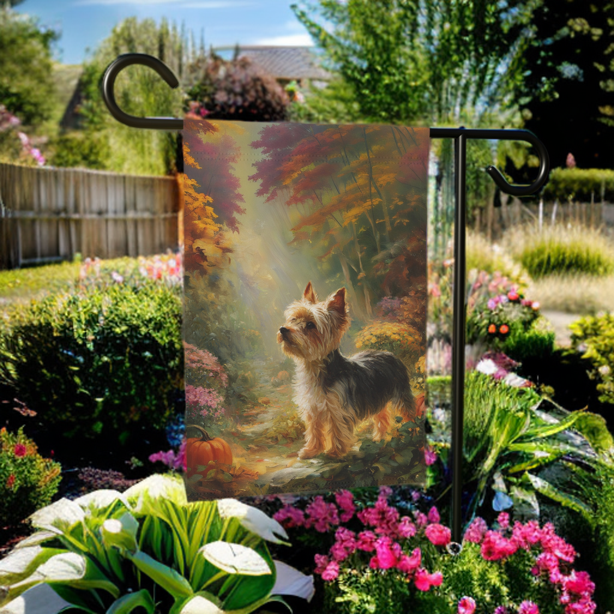 Pumpkin and Yorkshire Terrier Garden Flag - size comparison - Dragonfire Gardens