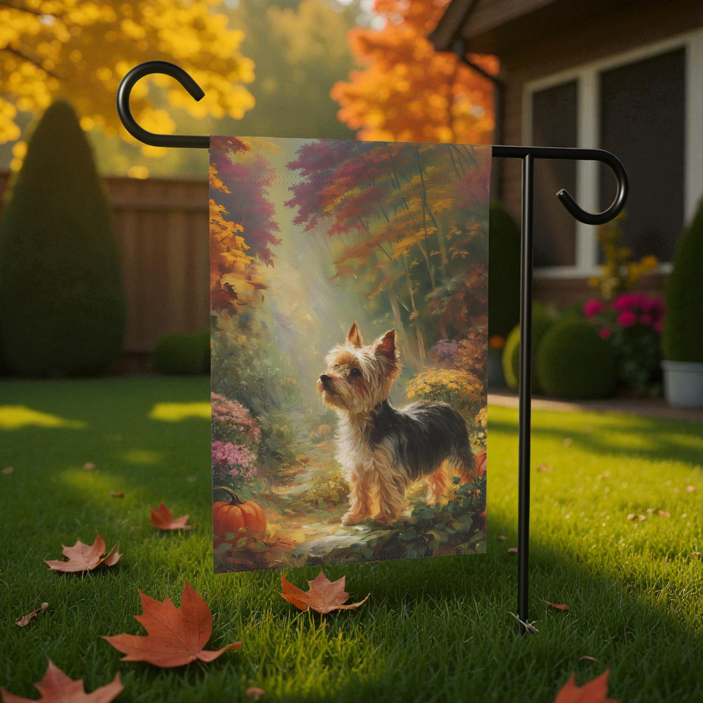 Pumpkin and Yorkshire Terrier Garden Flag - lifestyle display - Dragonfire Gardens