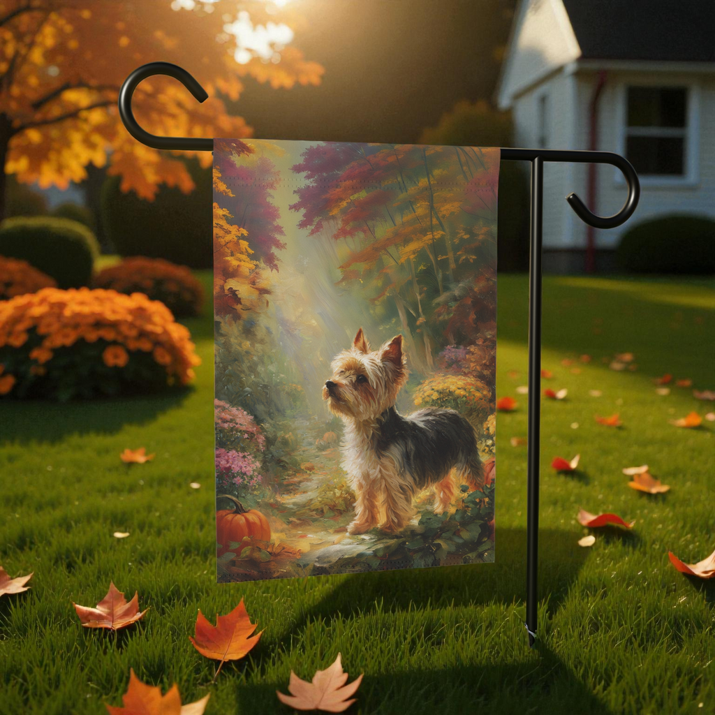 Pumpkin and Yorkshire Terrier Garden Flag - front view - Dragonfire Gardens