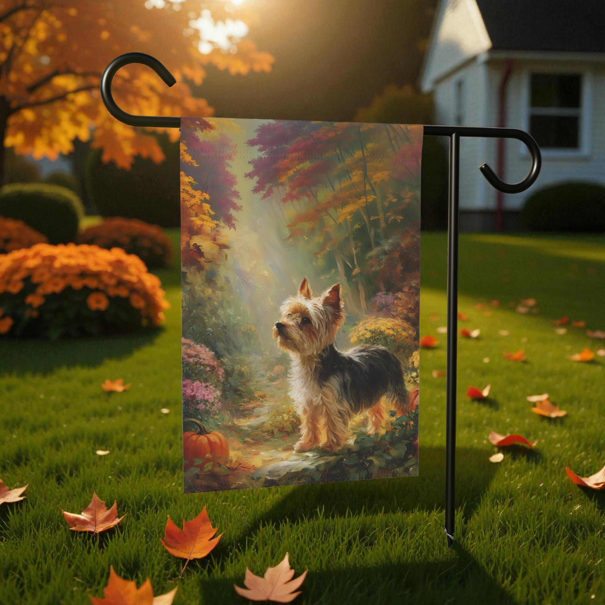 Pumpkin and Yorkshire Terrier Garden Flag - front view - Dragonfire Gardens