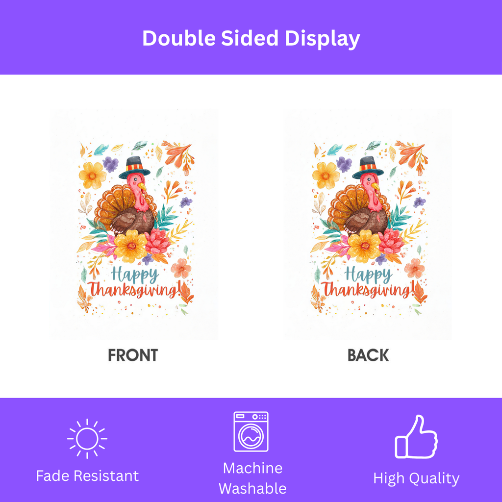 Happy Thanksgiving Colorful Flower and Turkey Garden Flag - double-sided design - Dragonfire Gardens