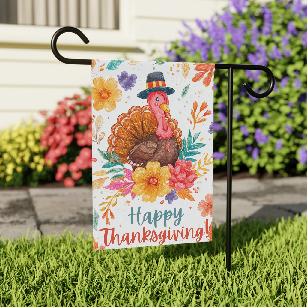 Happy Thanksgiving Colorful Flower and Turkey Garden Flag - outdoor display - Dragonfire Gardens