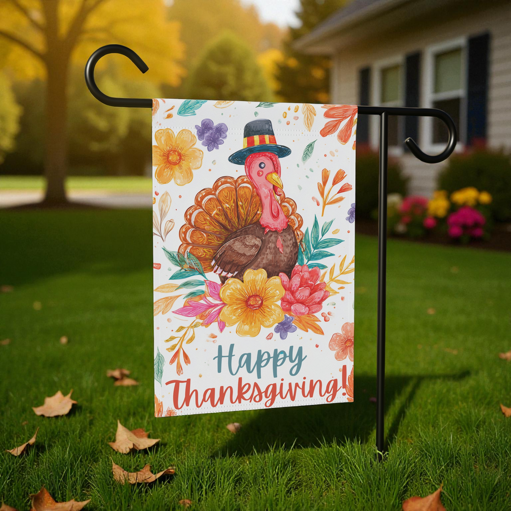 Happy Thanksgiving Colorful Flower and Turkey Garden Flag - size comparison - Dragonfire Gardens