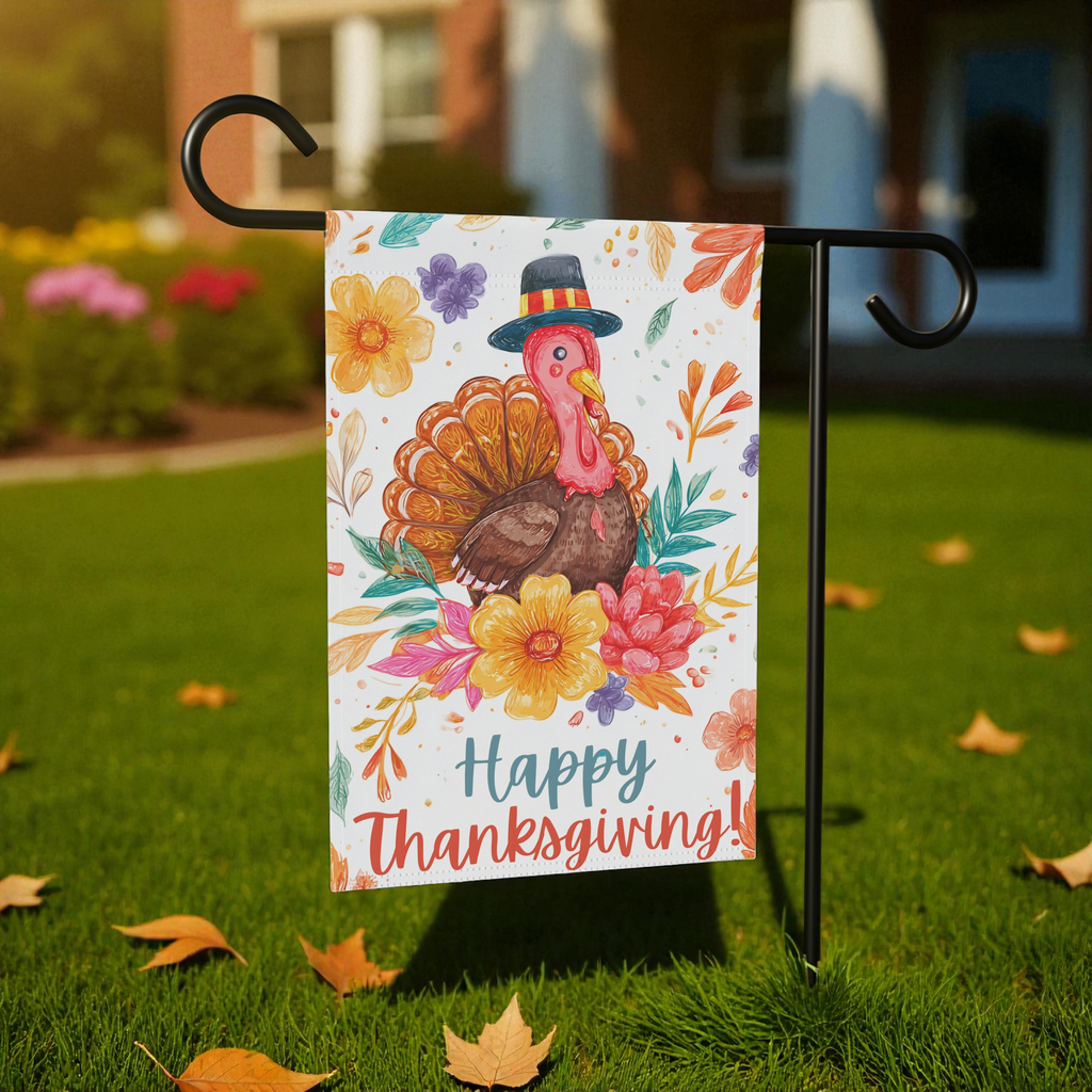 Happy Thanksgiving Colorful Flower and Turkey Garden Flag - front view - Dragonfire Gardens