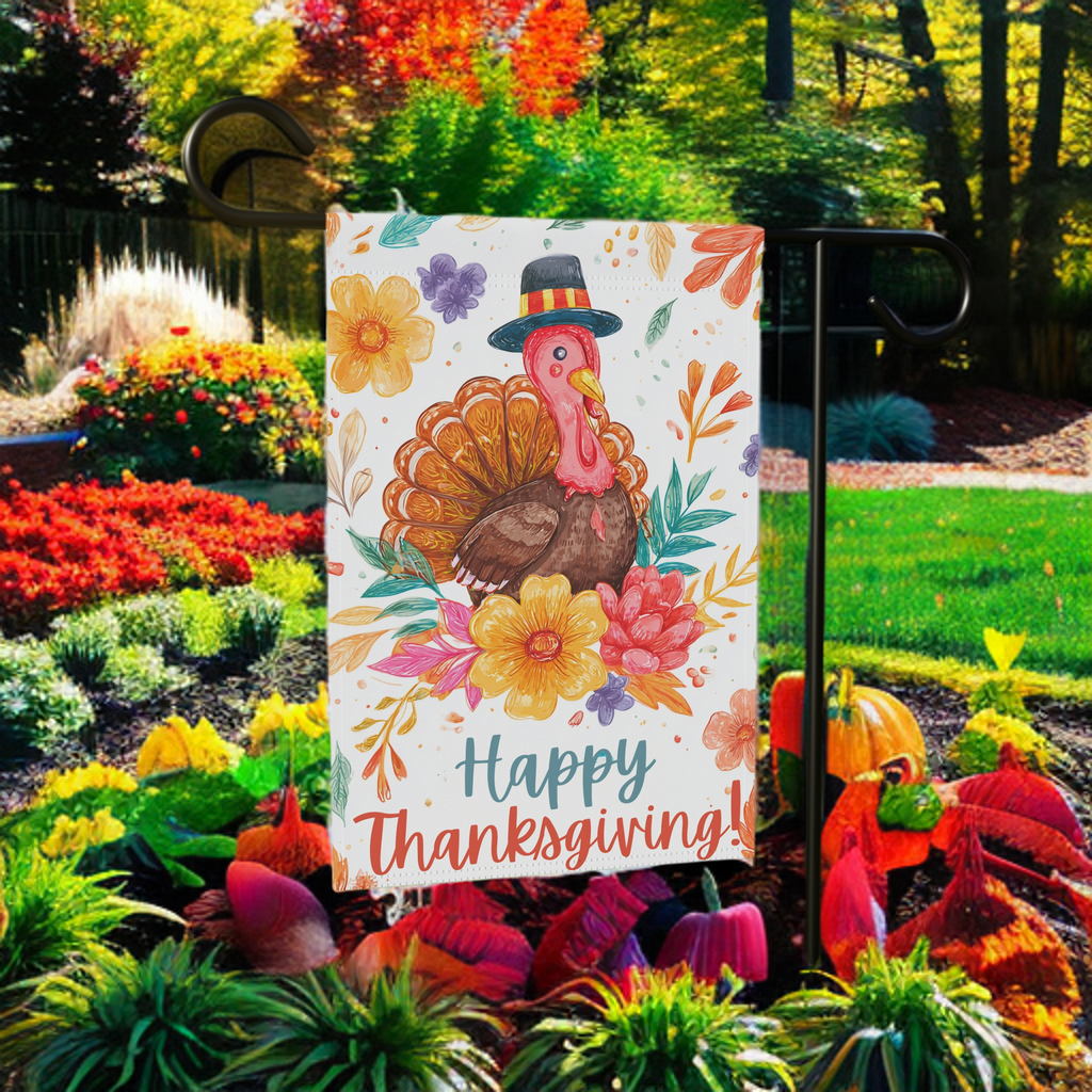 Happy Thanksgiving Colorful Flower and Turkey Garden Flag - product detail - Dragonfire Gardens