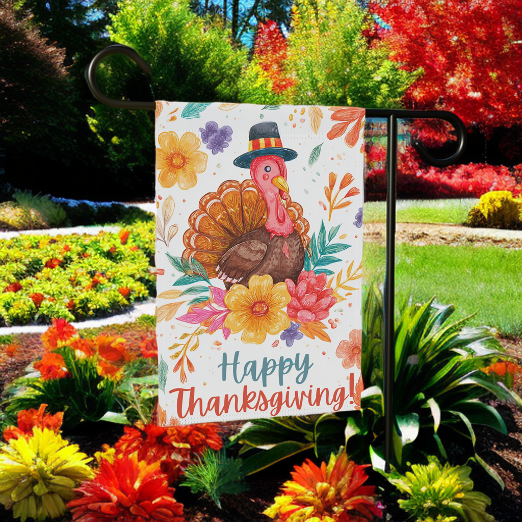 Happy Thanksgiving Colorful Flower and Turkey Garden Flag - lifestyle display - Dragonfire Gardens