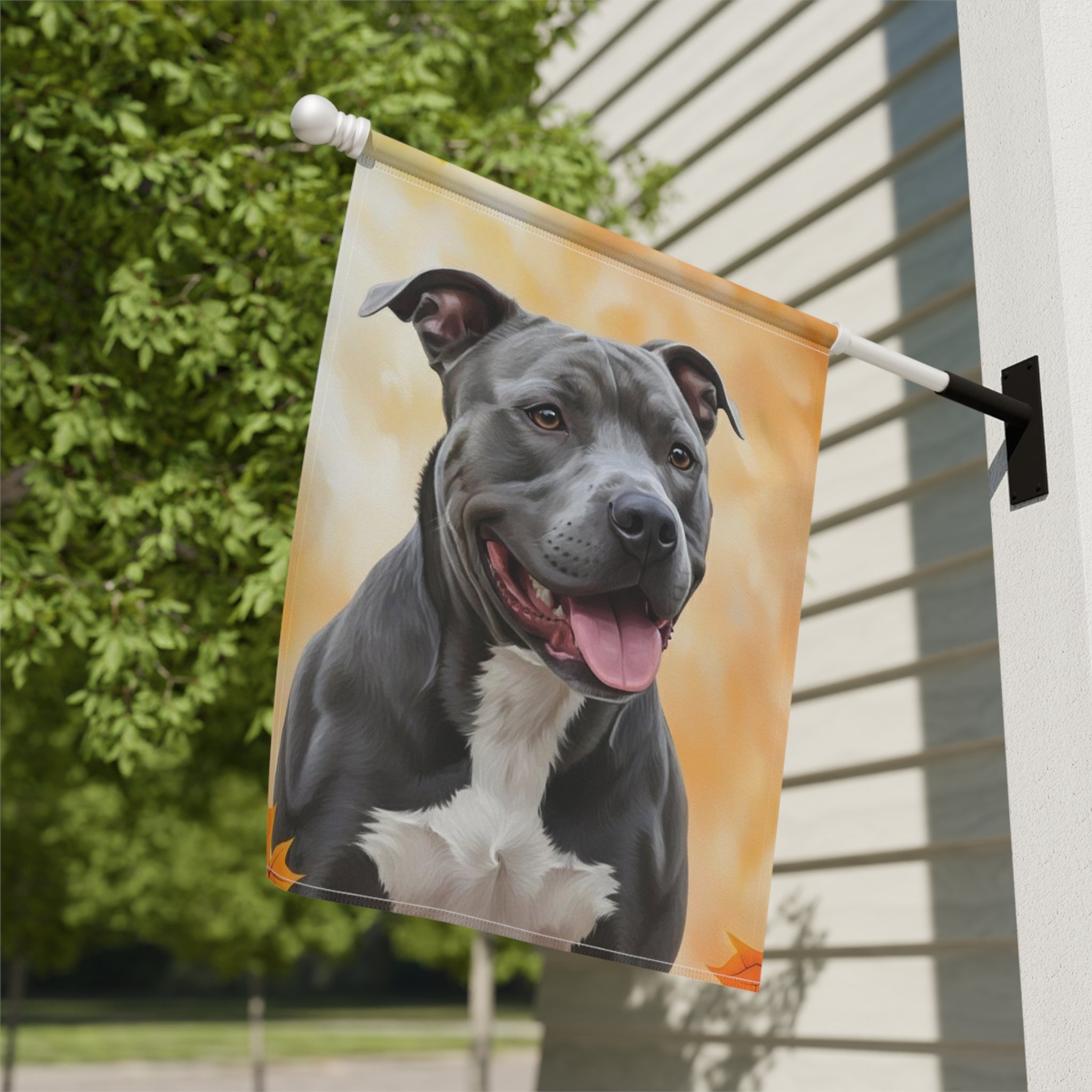 Fall Colors Gray Pitbull Garden Flag - close-up detail - Dragonfire Gardens