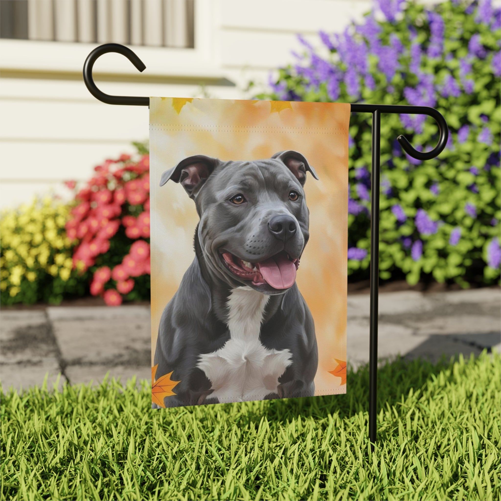 Fall Colors Gray Pitbull Garden Flag - outdoor display - Dragonfire Gardens