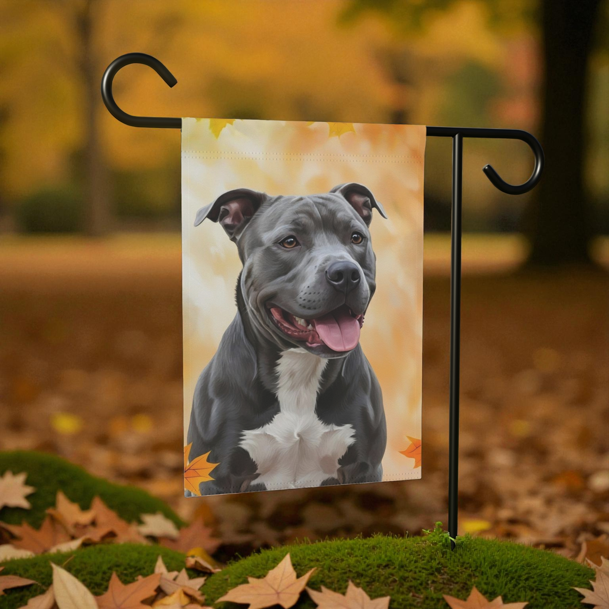 Fall Colors Gray Pitbull Garden Flag - size comparison - Dragonfire Gardens