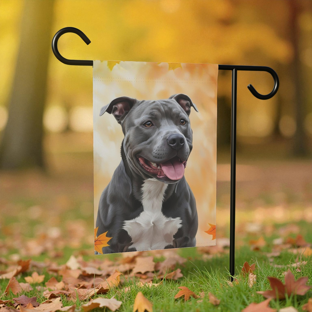 Fall Colors Gray Pitbull Garden Flag - lifestyle display - Dragonfire Gardens