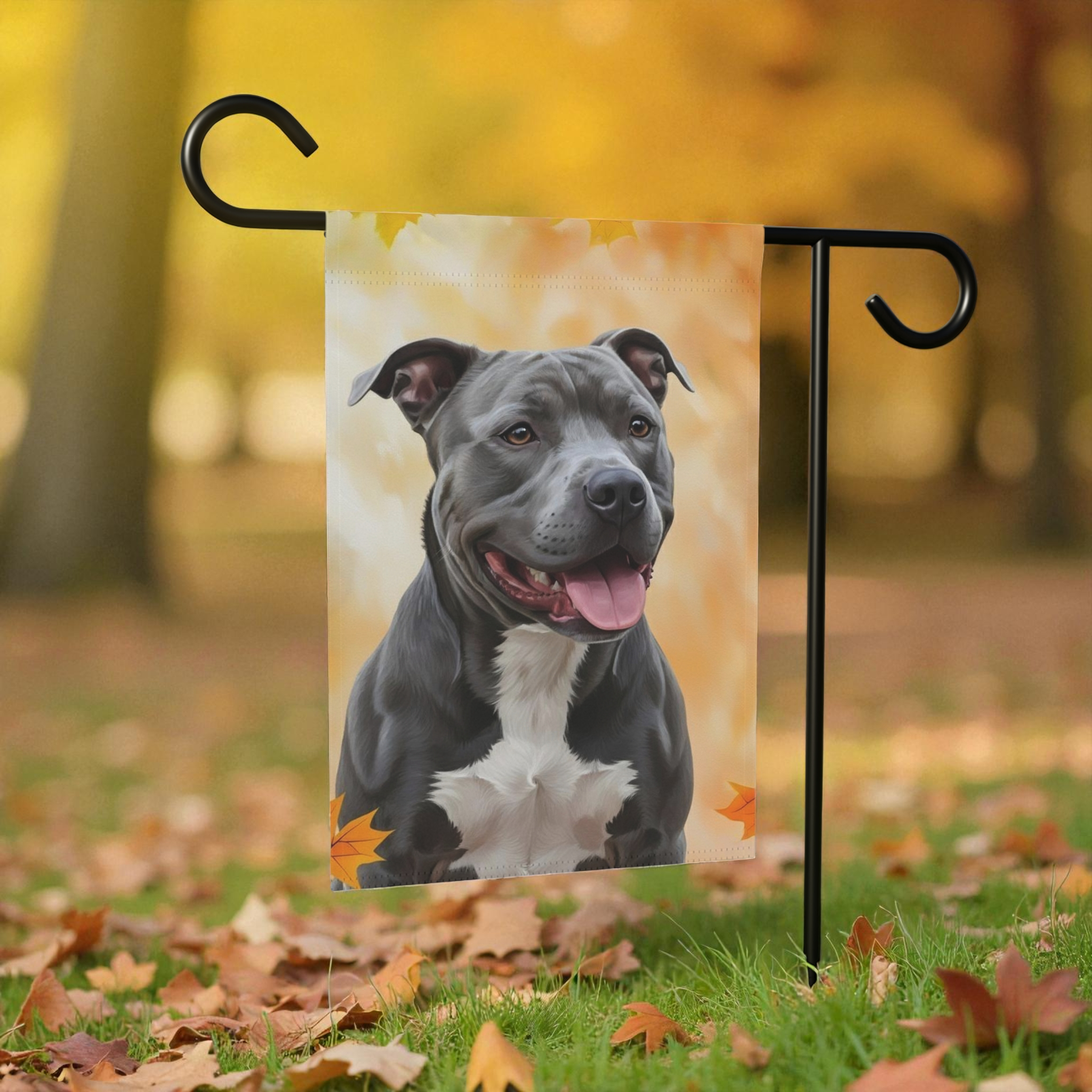 Fall Colors Gray Pitbull Garden Flag - lifestyle display - Dragonfire Gardens