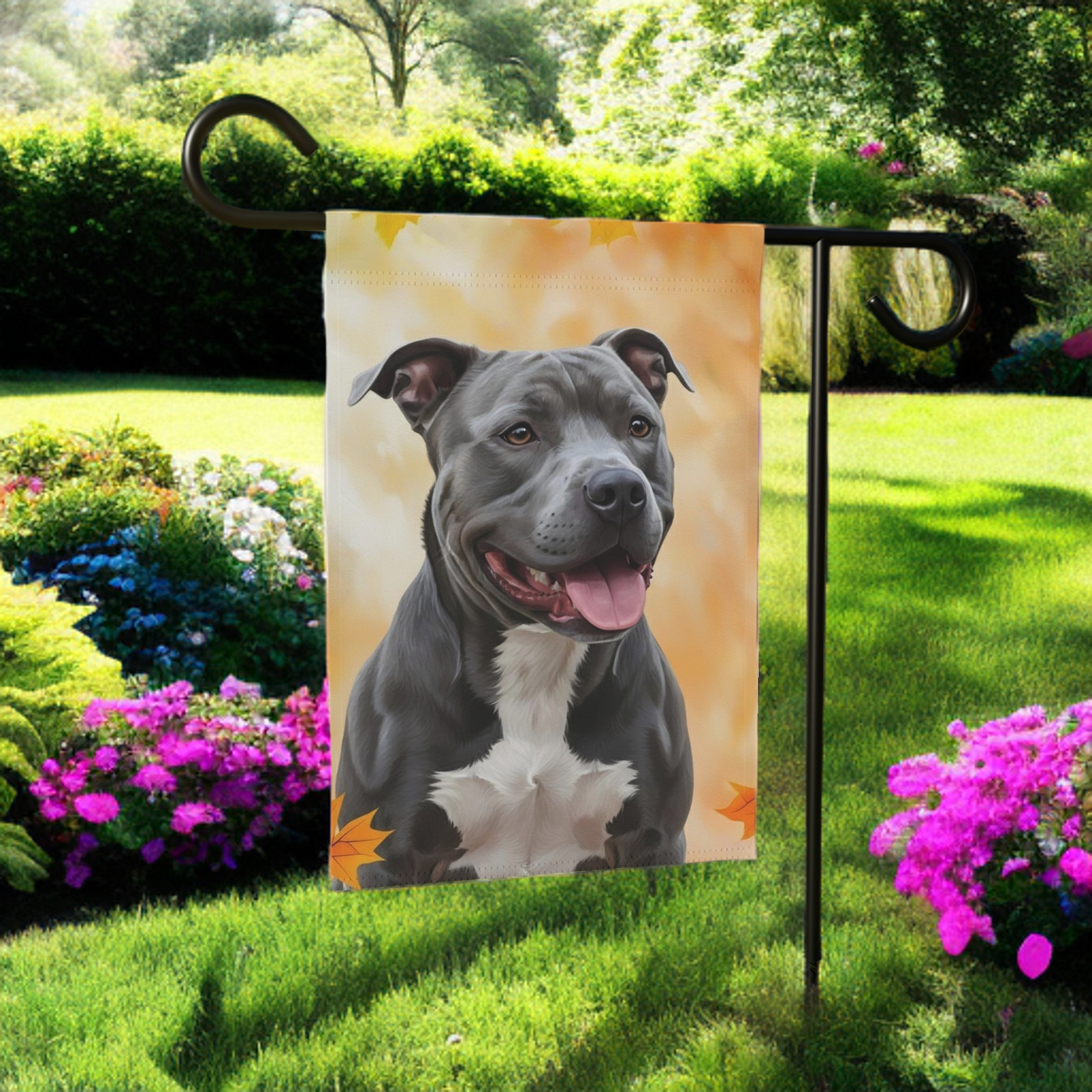 Fall Colors Gray Pitbull Garden Flag - product detail - Dragonfire Gardens