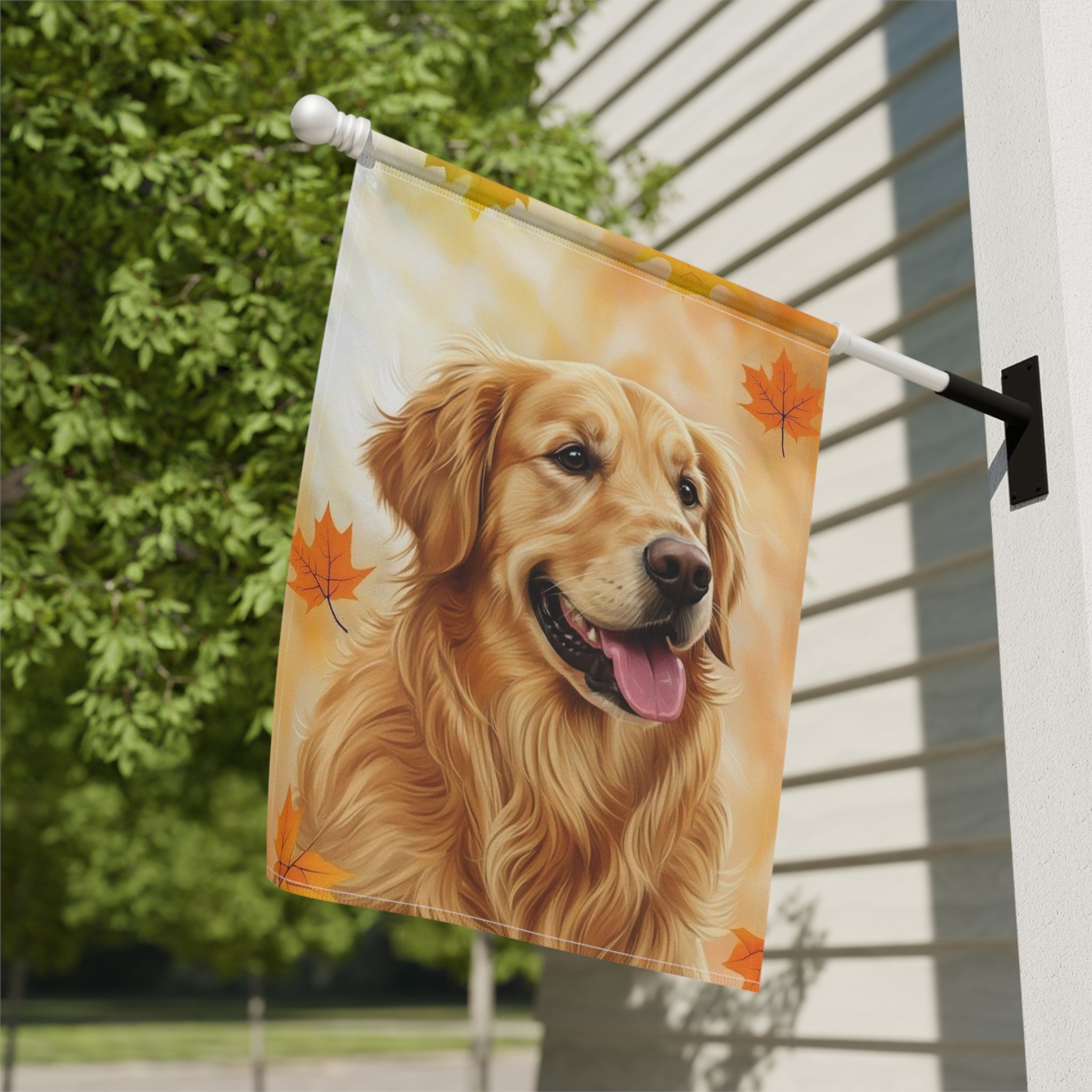 Fall Colors Golden Retriever Garden Flag - close-up detail - Dragonfire Gardens
