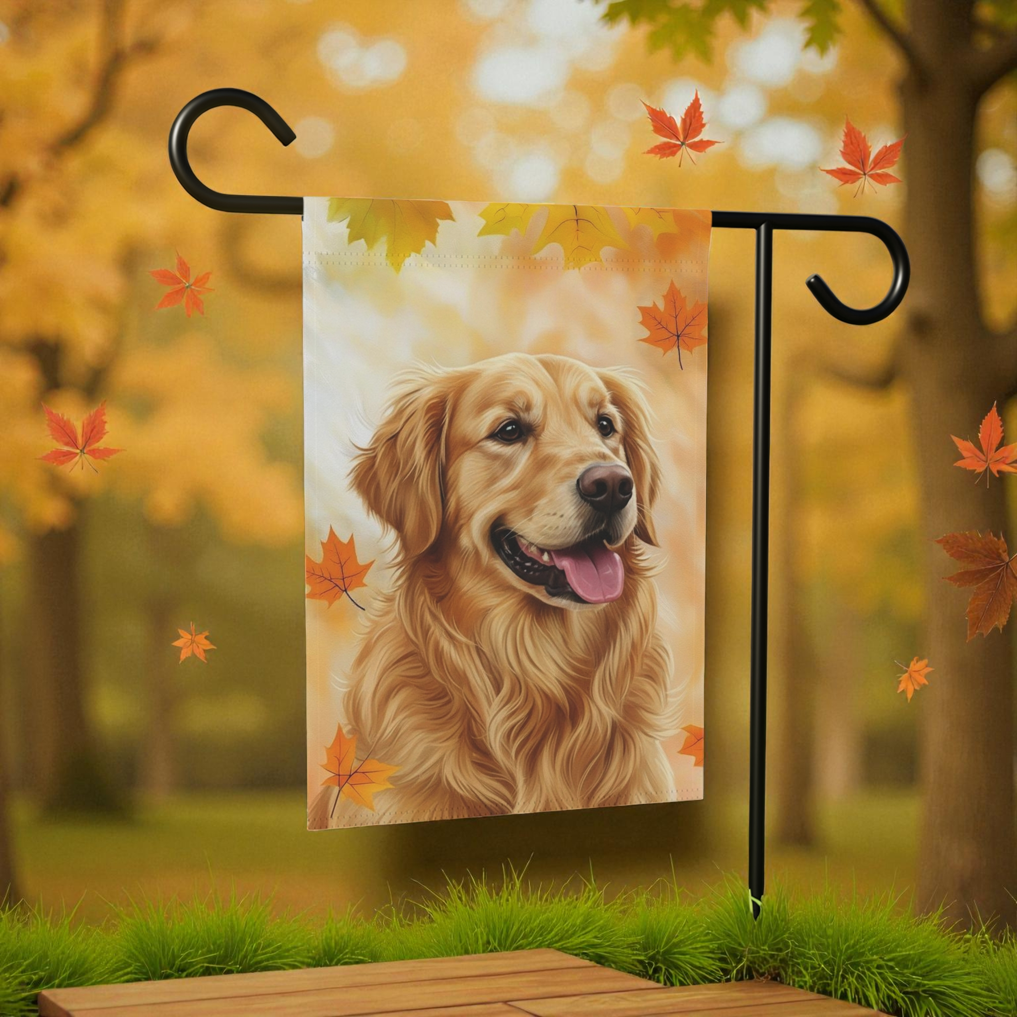 Fall Colors Golden Retriever Garden Flag - size comparison - Dragonfire Gardens