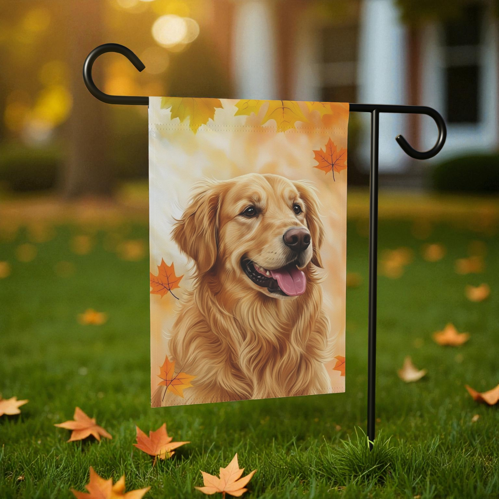 Fall Colors Golden Retriever Garden Flag - lifestyle display - Dragonfire Gardens