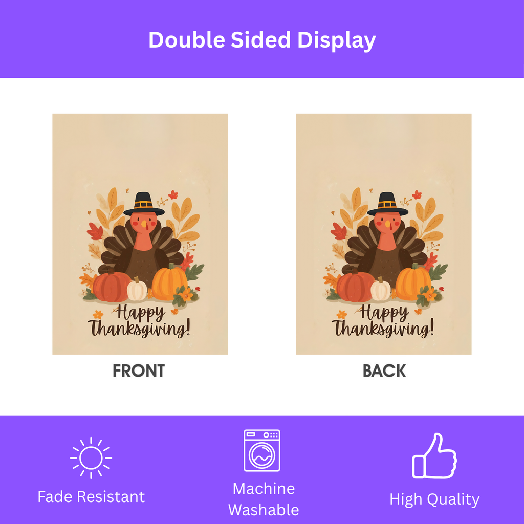 Three Pumpkins and Turkey Thanksgiving Garden Flag - double-sided design - Dragonfire Gardens