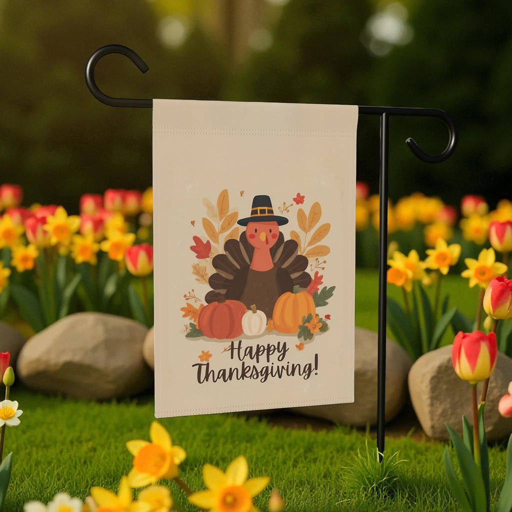 Three Pumpkins and Turkey Thanksgiving Garden Flag - front view - Dragonfire Gardens