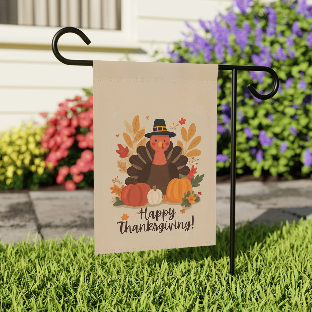 Three Pumpkins and Turkey Thanksgiving Garden Flag - outdoor display - Dragonfire Gardens
