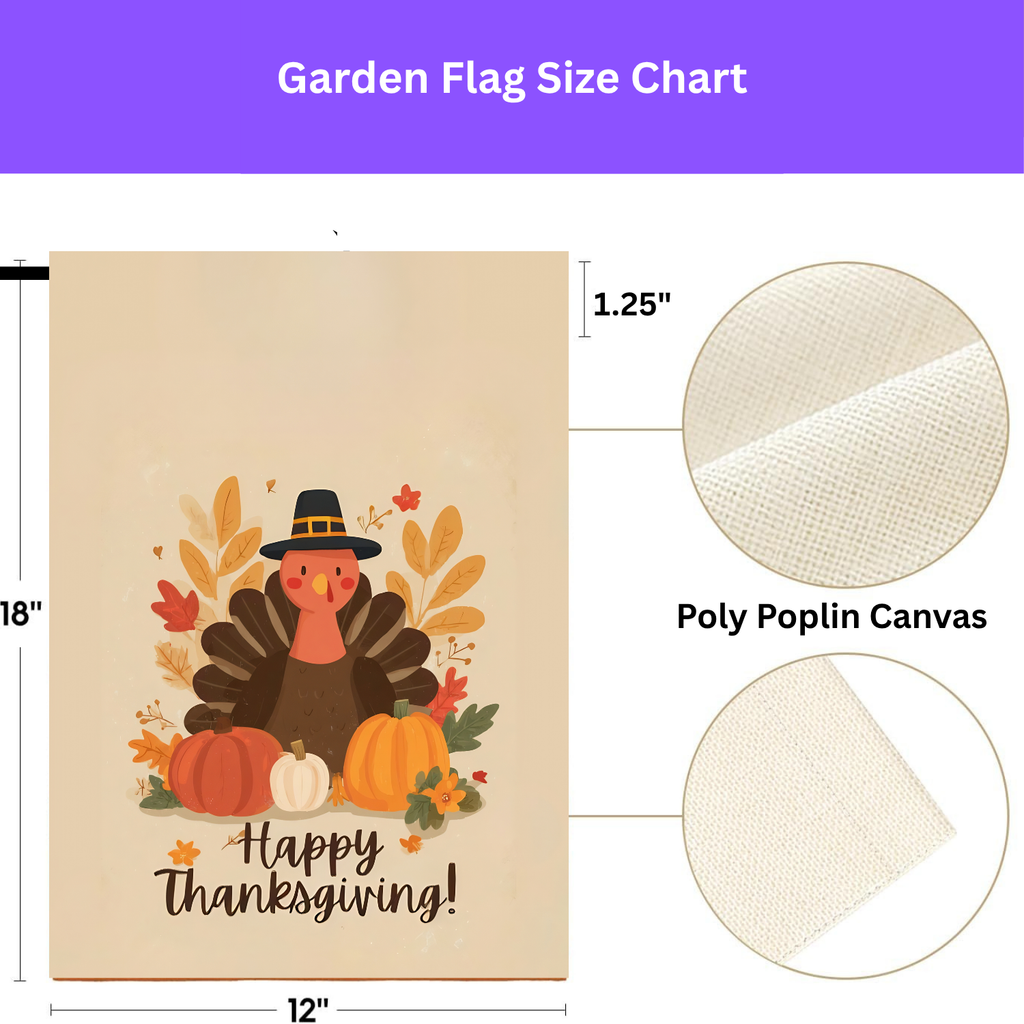 Three Pumpkins and Turkey Thanksgiving Garden Flag - size comparison - Dragonfire Gardens