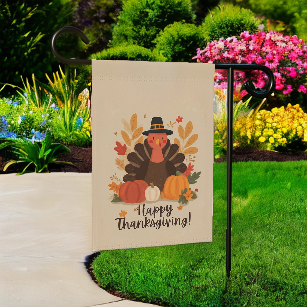 Three Pumpkins and Turkey Thanksgiving Garden Flag - porch decor - Dragonfire Gardens