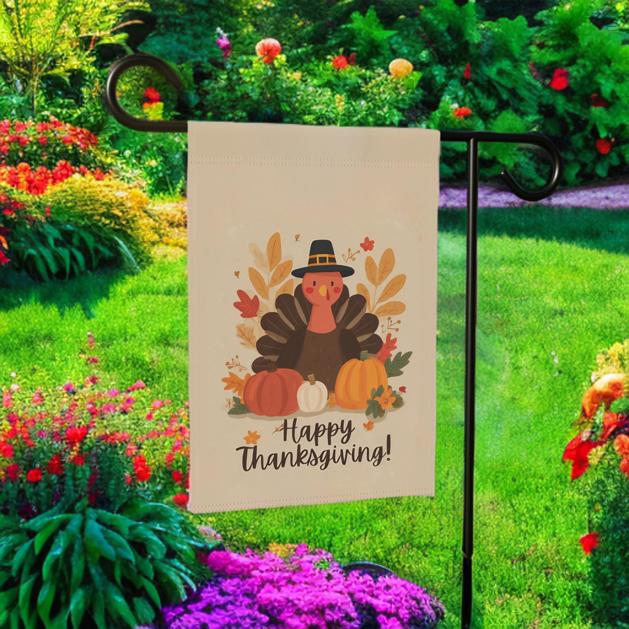 Three Pumpkins and Turkey Thanksgiving Garden Flag - lifestyle display - Dragonfire Gardens