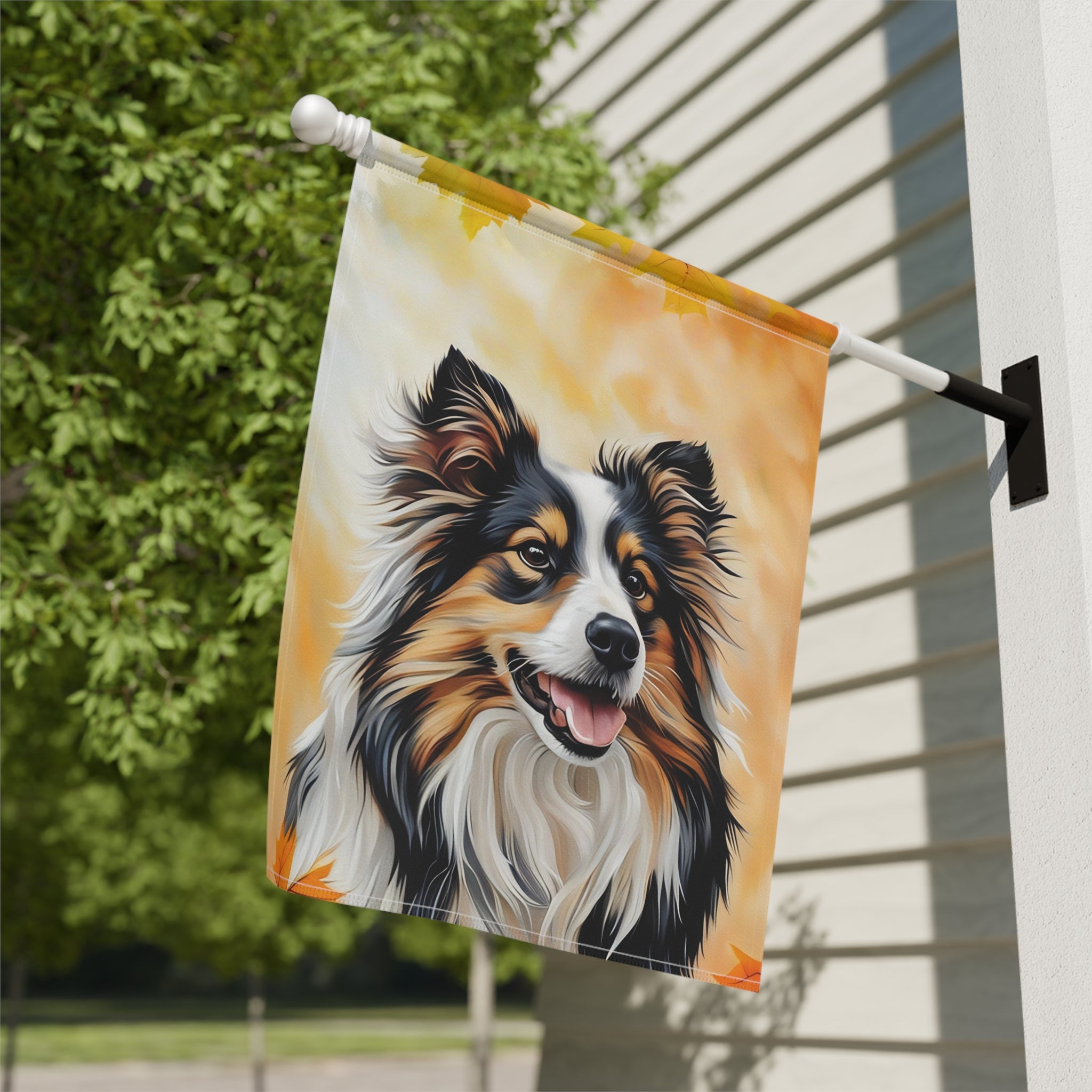 Fall Colors Sheltie Garden Flag - close-up detail - Dragonfire Gardens