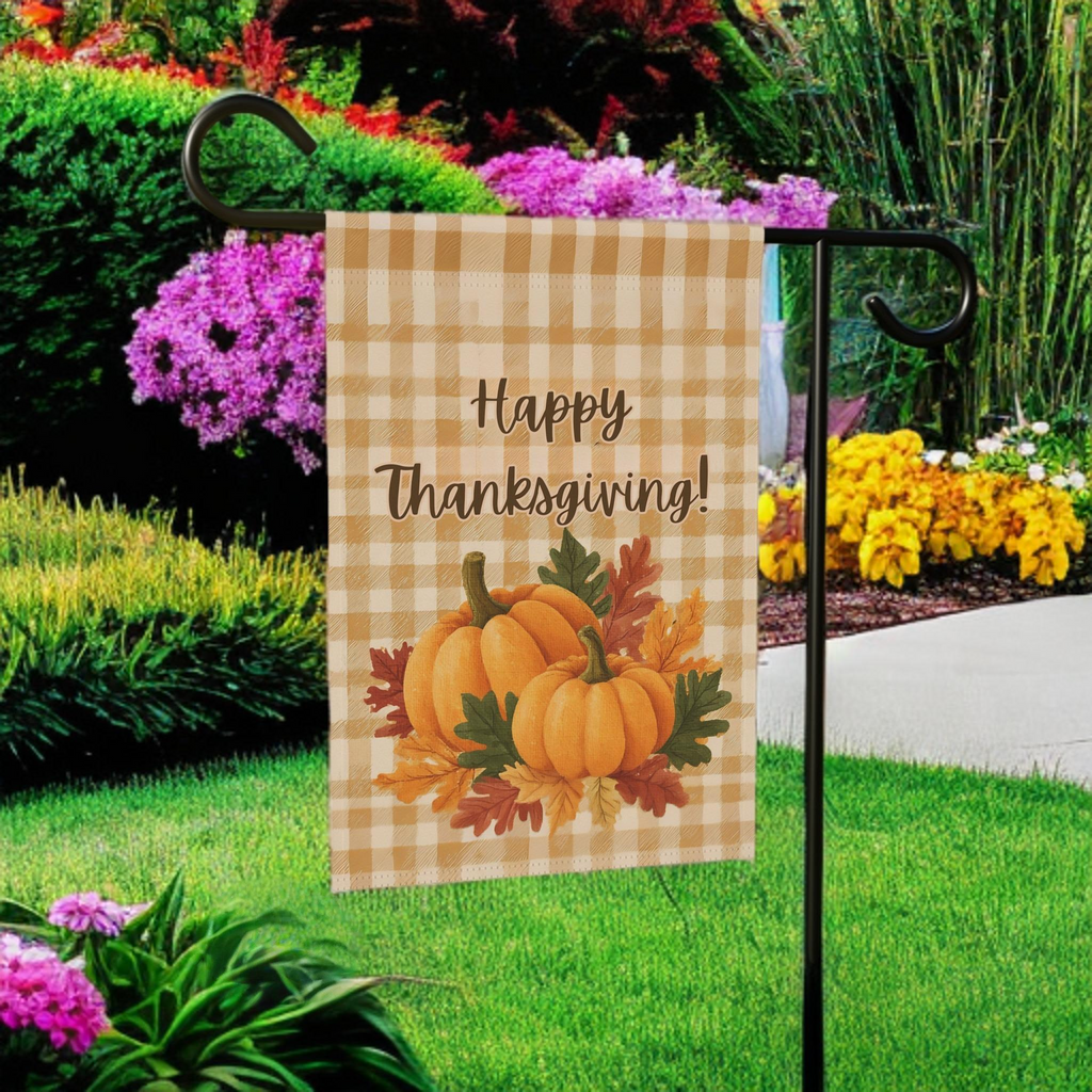 Two Pumpkin Thanksgiving Garden Flag - lifestyle display - Dragonfire Gardens