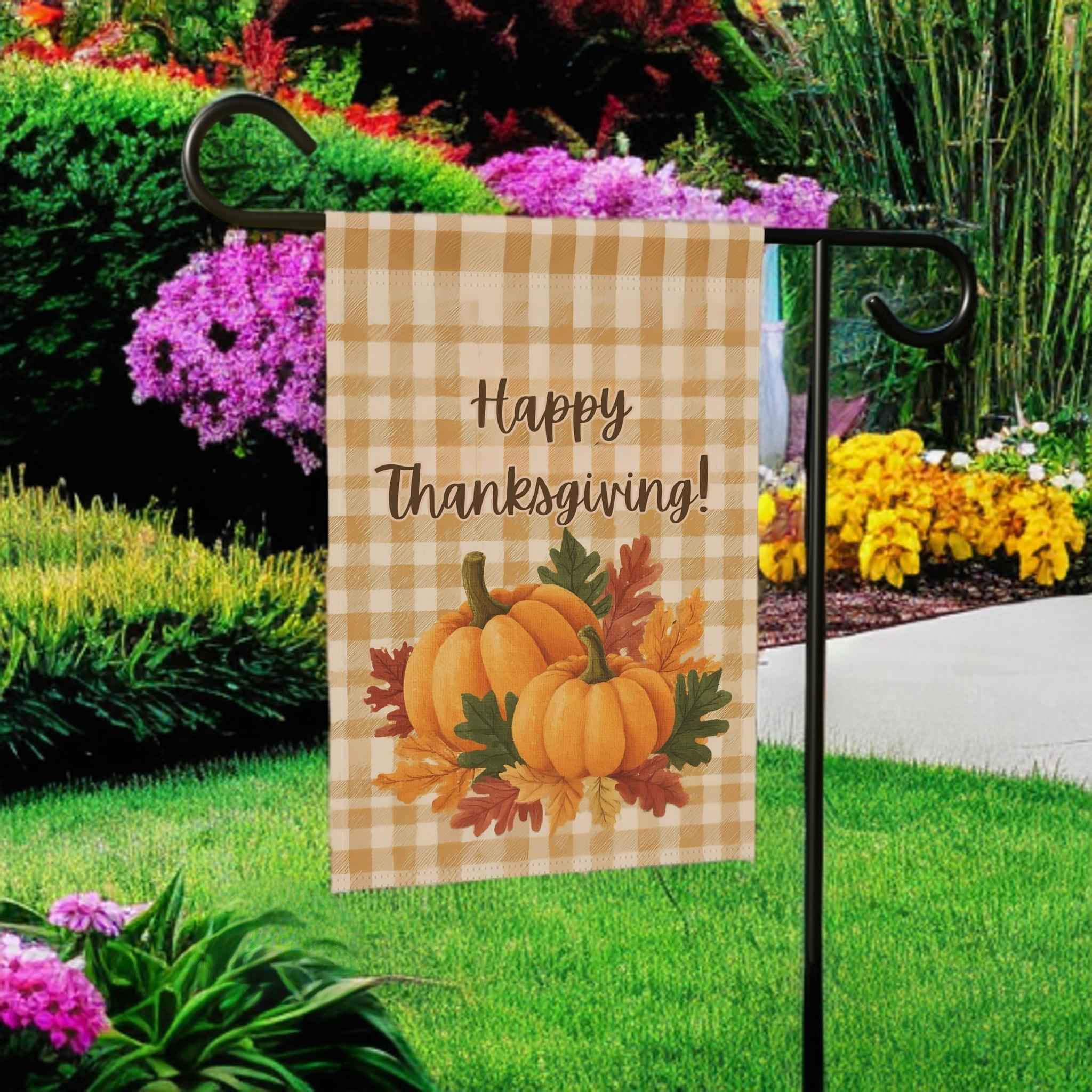 Two Pumpkin Thanksgiving Garden Flag - lifestyle display - Dragonfire Gardens