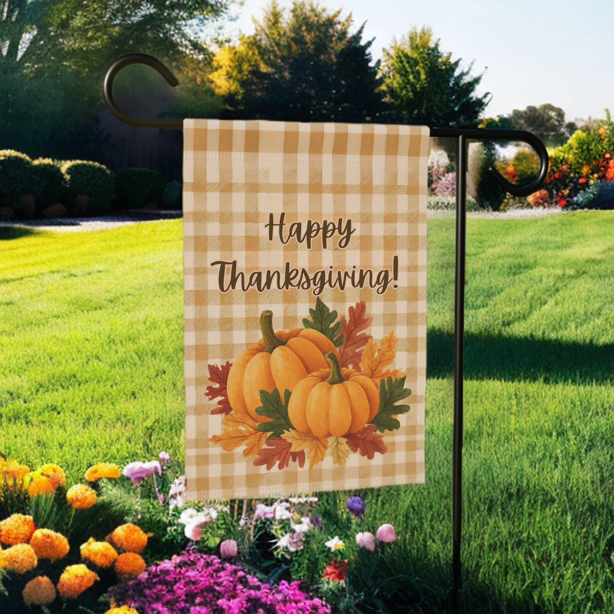 Two Pumpkin Thanksgiving Garden Flag - product detail - Dragonfire Gardens