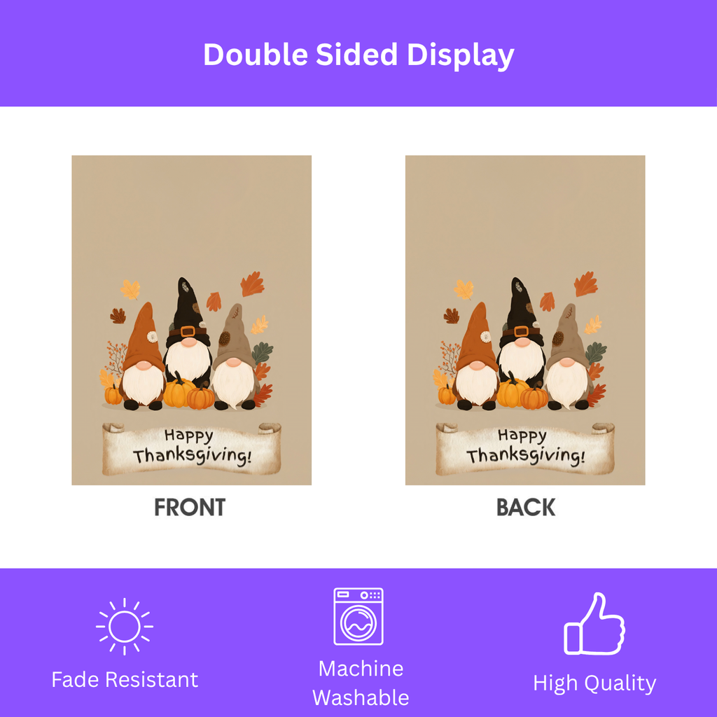 Happy Thanksgiving Gnomes Garden Flag - double-sided design - Dragonfire Gardens