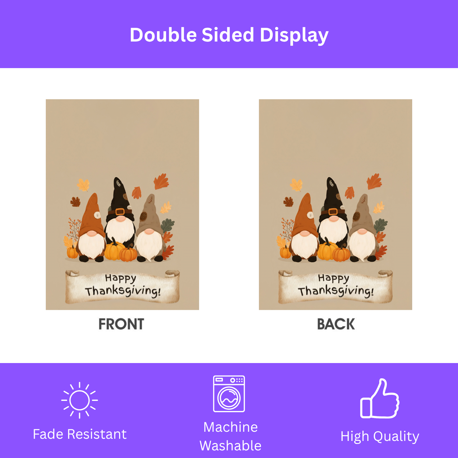 Happy Thanksgiving Gnomes Garden Flag - double-sided design - Dragonfire Gardens