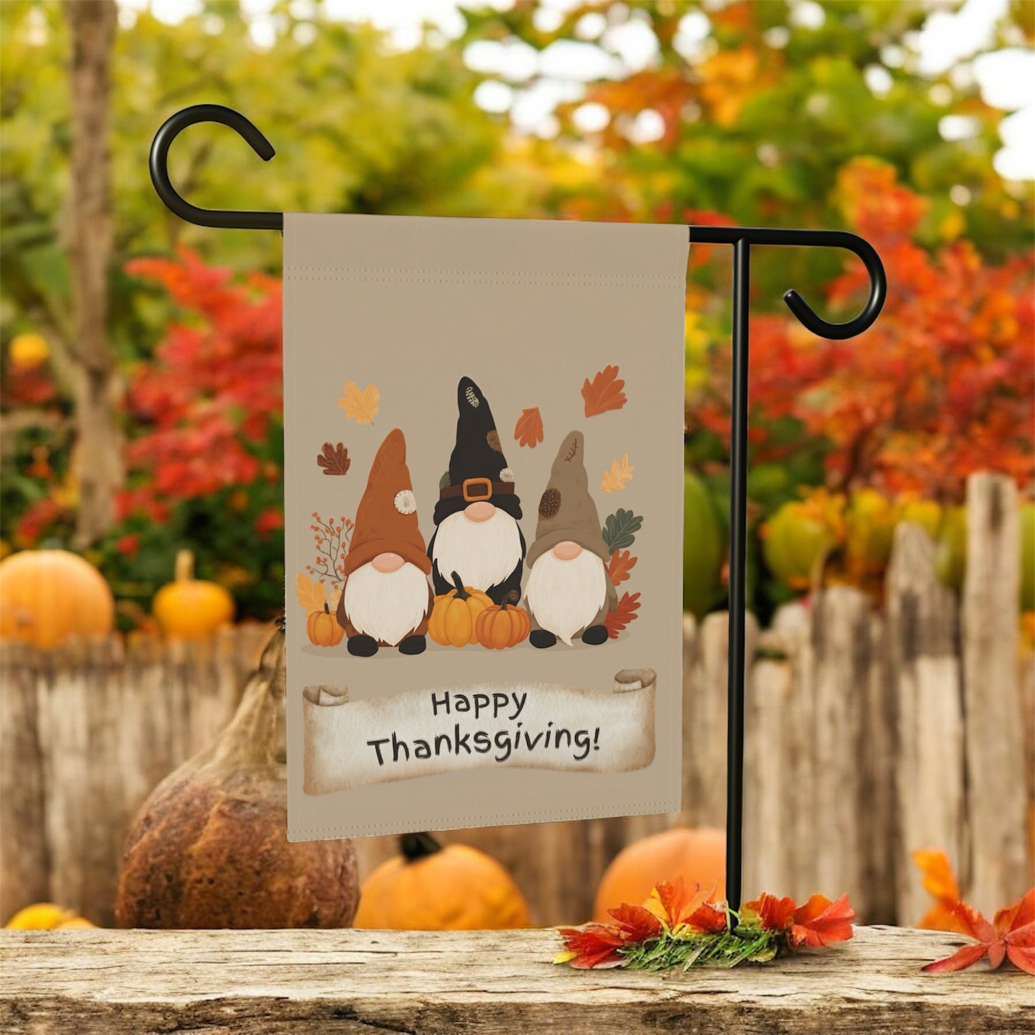 Happy Thanksgiving Gnomes Garden Flag - yard display - Dragonfire Gardens