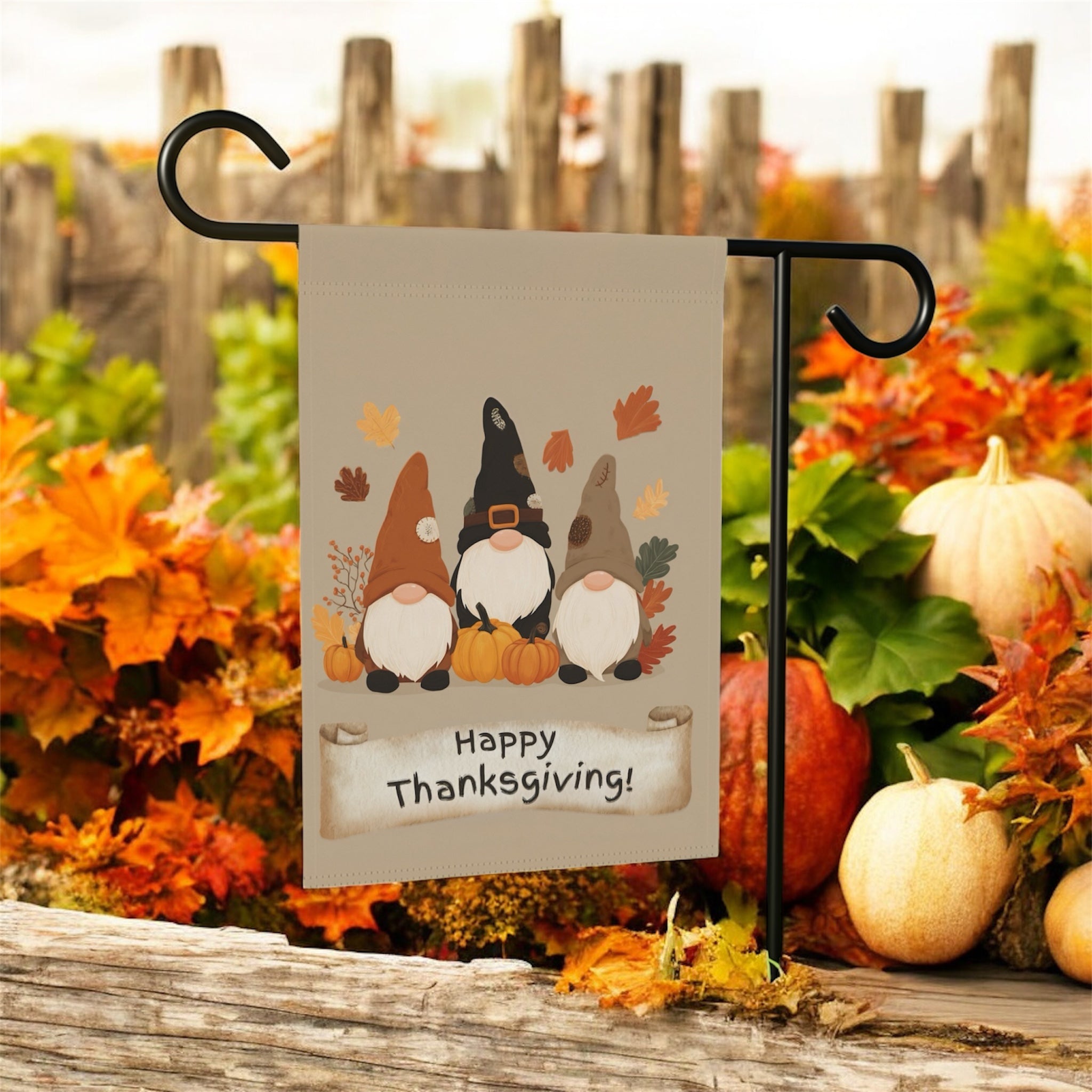 Happy Thanksgiving Gnomes Garden Flag - front view - Dragonfire Gardens