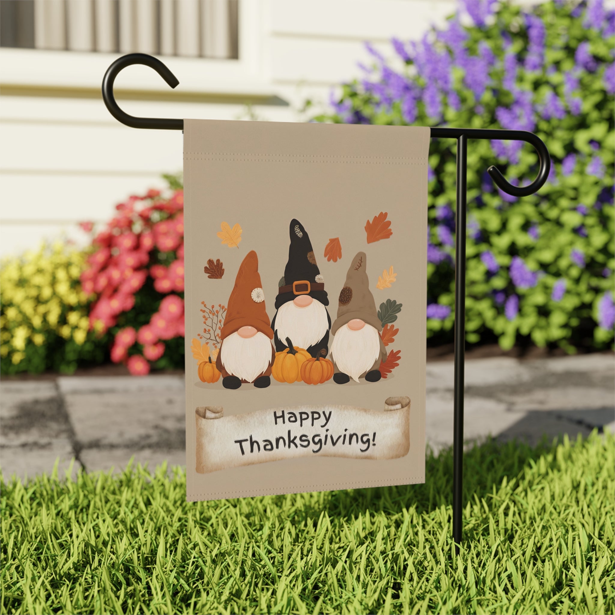 Happy Thanksgiving Gnomes Garden Flag - outdoor display - Dragonfire Gardens