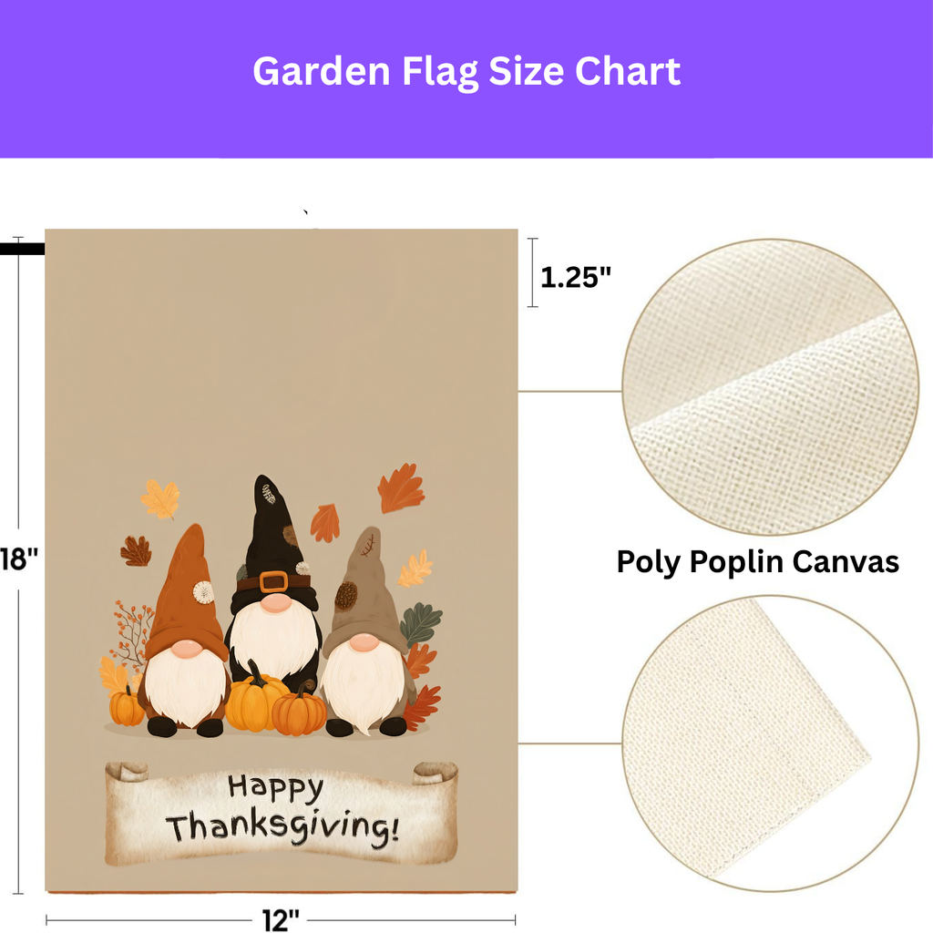 Happy Thanksgiving Gnomes Garden Flag - size comparison - Dragonfire Gardens
