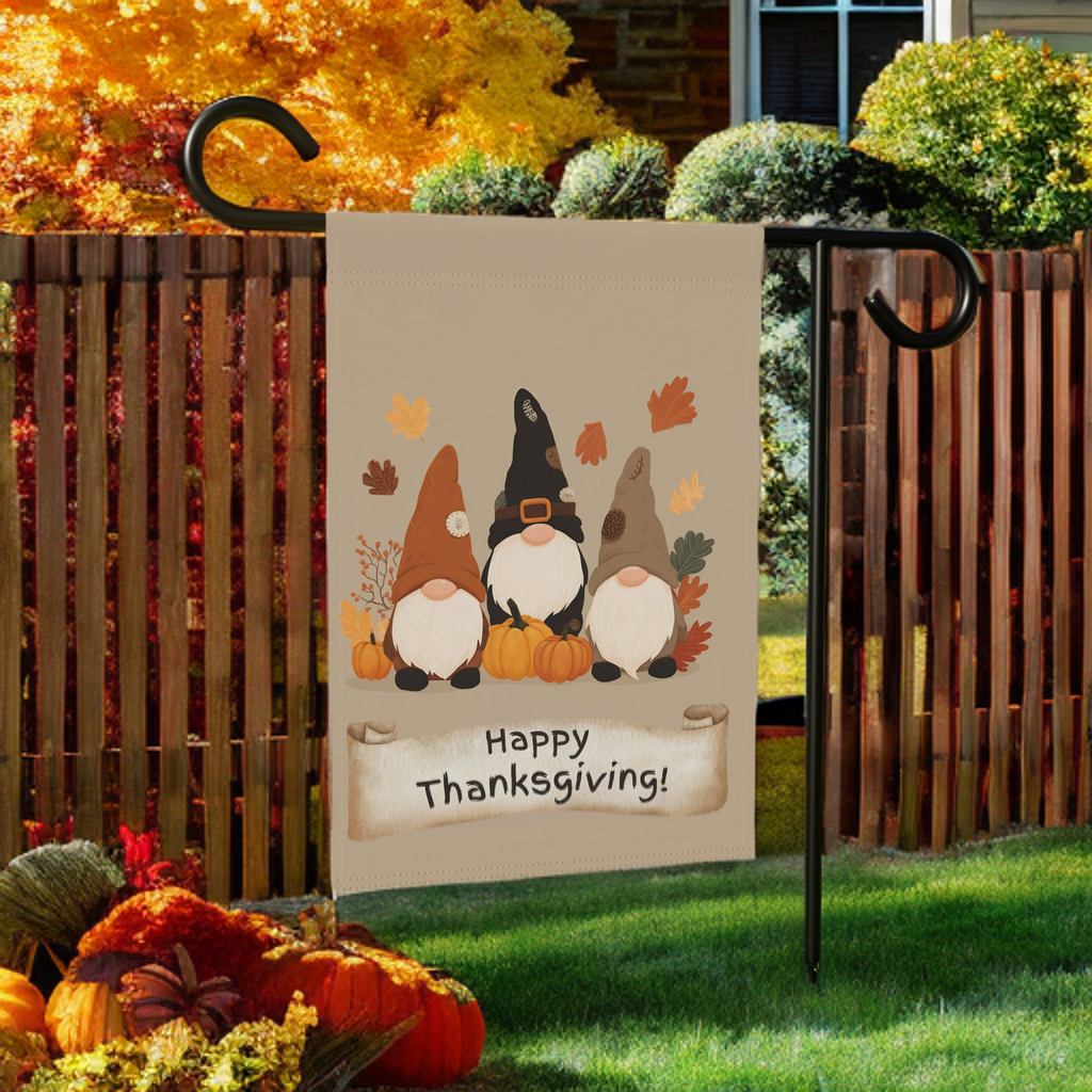 Happy Thanksgiving Gnomes Garden Flag - lifestyle display - Dragonfire Gardens