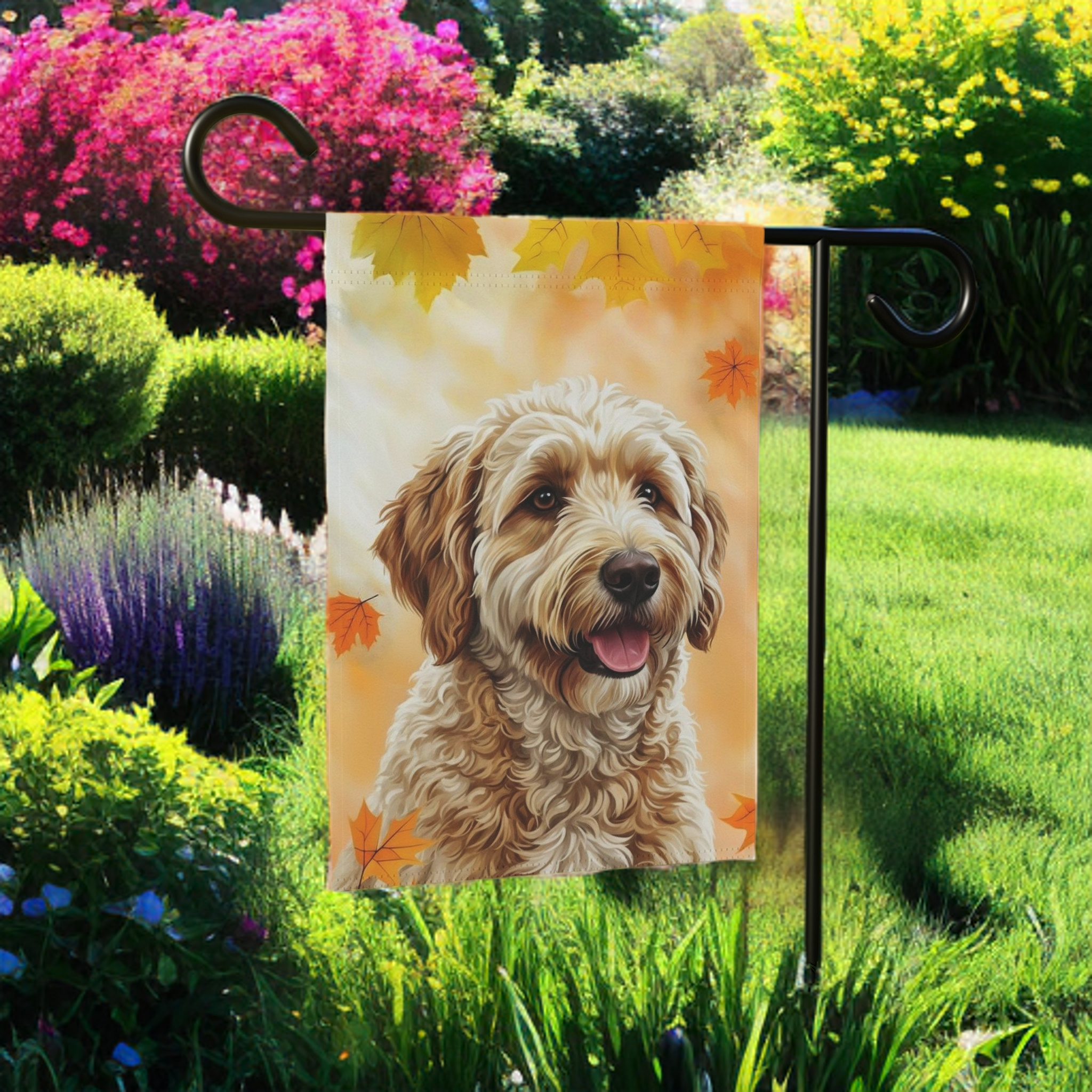 Fall Colors Golden Noodle Garden Flag - lifestyle display - Dragonfire Gardens