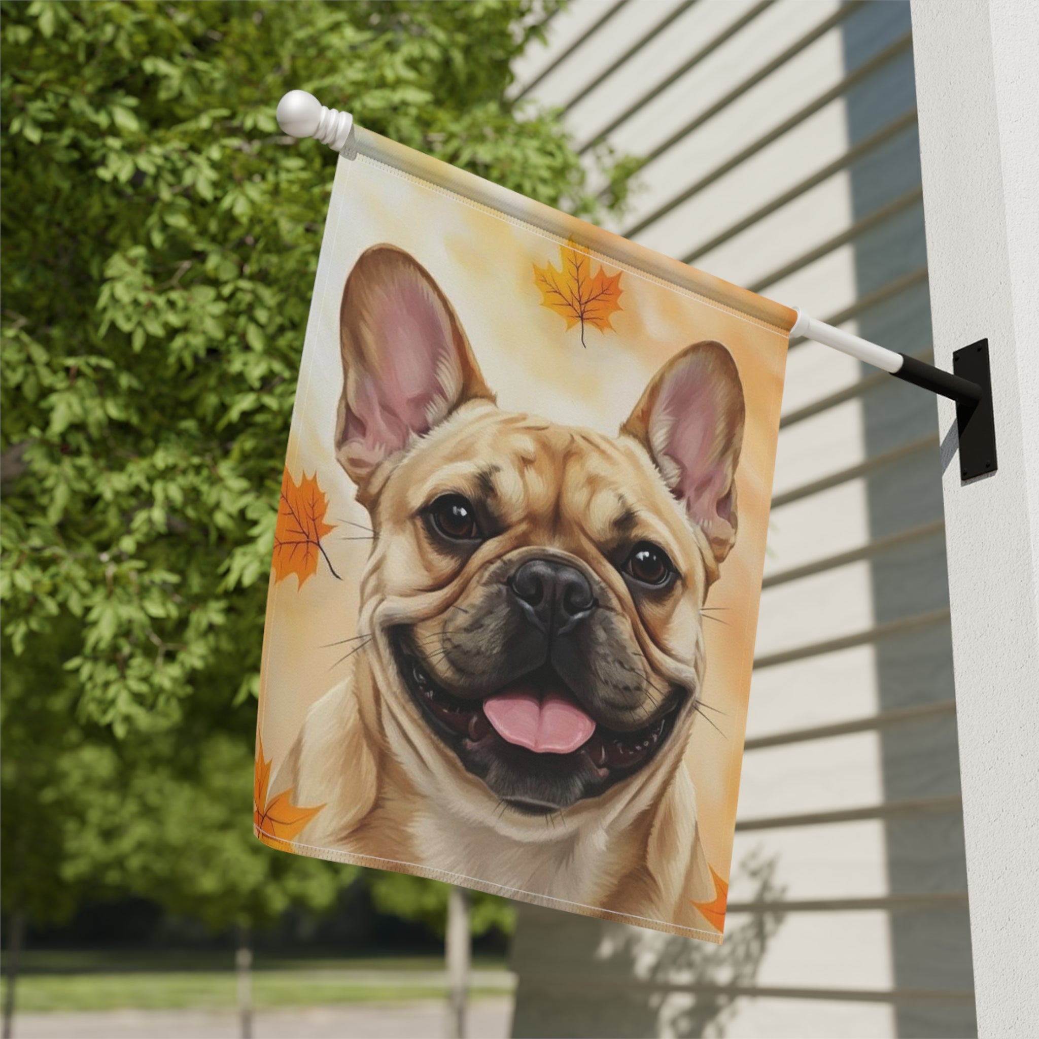 Fall Colors Frenchie Garden Flag - close-up detail - Dragonfire Gardens