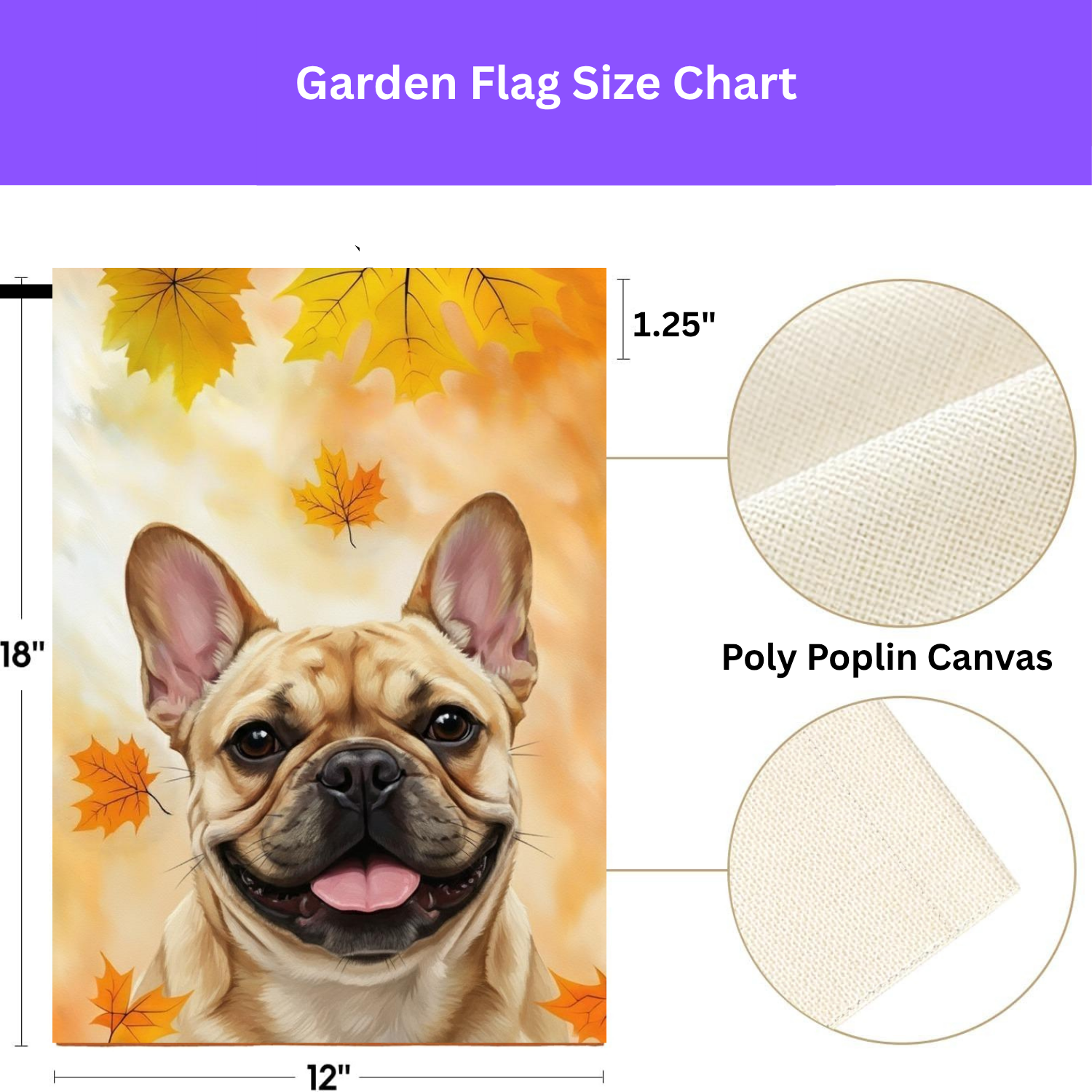 Fall Colors Frenchie Garden Flag - size comparison - Dragonfire Gardens