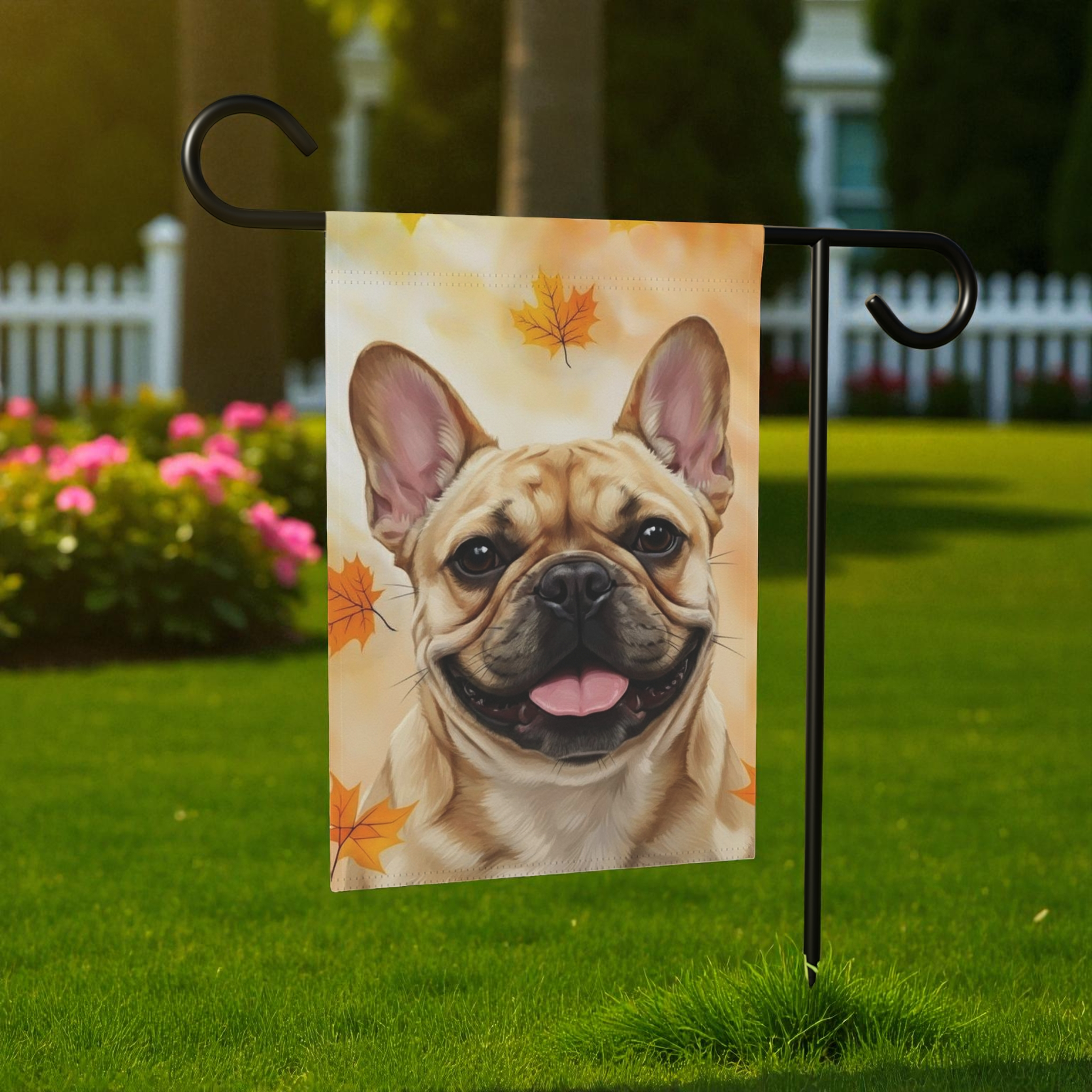 Fall Colors Frenchie Garden Flag - front view - Dragonfire Gardens